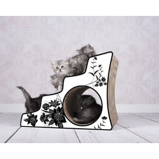 cat-on Kratzmöbel Lescalier Asia schwarze Blumen auf weiss, schwarzer Rand